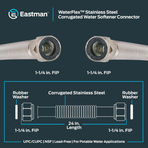 Diagram of WaterFlex 24 Inch Water Heater Connector 1-1/4 In FIP X 1-1/4 In FIP Stainless Steel Corrugated Supply Line with washers