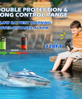 Boy controlling High Speed RC Shark Boat With LED Eyes And Rad Graffiti Design Over 20 MPH Proportional Remote Control 2 4GHz