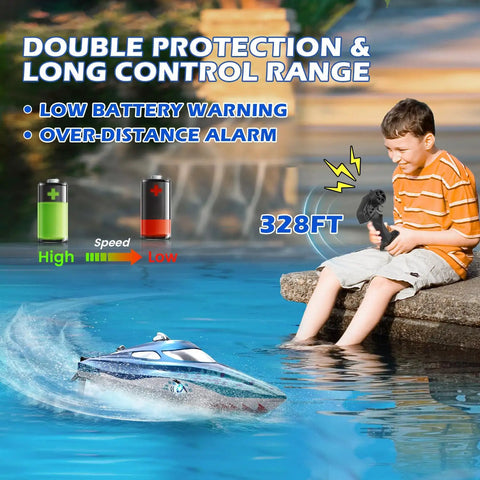 Boy controlling High Speed RC Shark Boat With LED Eyes And Rad Graffiti Design Over 20 MPH Proportional Remote Control 2 4GHz