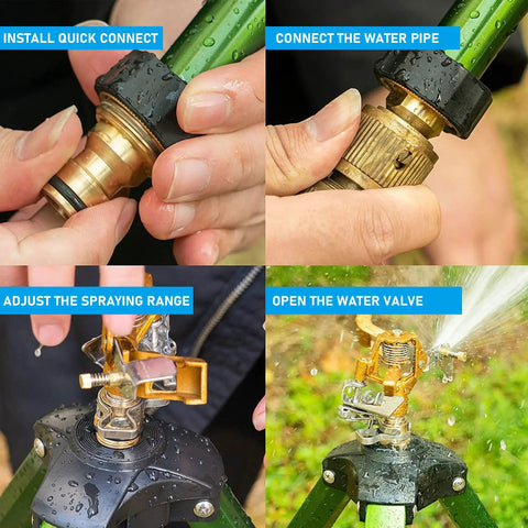 Installation steps for Heavy-Duty Impact Sprinkler On Tripod Base With Zinc Rotary Head For Lawn Yard And Garden, 360-Degree Coverage