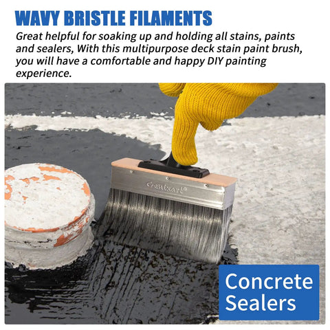 7 Inch Deck Stain Brush Applicator For Wood Fence Brick And Concrete Surfaces being used on concrete with oil stain