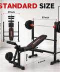 All-In-One Adjustable Weight Bench With Leg Extension And Curl, Foldable Flat Incline Decline Bench Press Squat Rack, dimensions shown