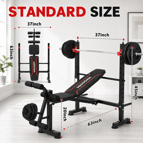 All-In-One Adjustable Weight Bench With Leg Extension And Curl, Foldable Flat Incline Decline Bench Press Squat Rack, dimensions shown