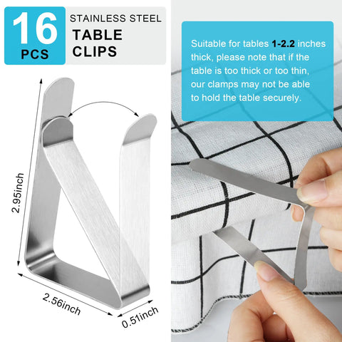 Heavy Duty Stainless Steel Tablecloth Clips 16 Pack For Outdoor Tables Stay Put No Slip Metal Picnic Table Clips To Secure Table Covers At Camping Trips Picnics Weddings And Parties. Image shows one clip securing a tablecloth.