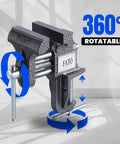 Heavy Duty 3 Inch 360 Swivel Clamp On Bench Vise Drops A Knockout 800 Pound Lockdown Grip, rotatable design, cast iron material.