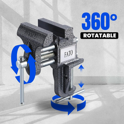 Heavy Duty 3 Inch 360 Swivel Clamp On Bench Vise Drops A Knockout 800 Pound Lockdown Grip, rotatable design, cast iron material.