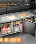 Heavy Duty Three Door Undercounter Freezer With 20.9 Cubic Foot Capacity And Stainless Steel Fan Cooled Worktop in food prep setting.