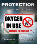 Heavy Duty Oxygen In Use Warning Signs, Straight Up No Smoking Open Flames Alert, Top Tier Waterproof Vinyl Stickers, Built Tough Medical Safety Decals For Home Care Clinics, 2 Pack displayed with protection messages.
