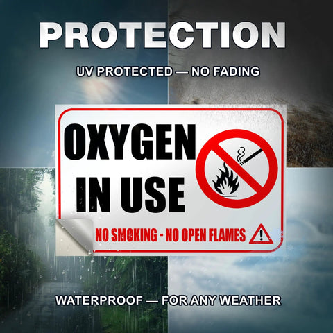 Heavy Duty Oxygen In Use Warning Signs, Straight Up No Smoking Open Flames Alert, Top Tier Waterproof Vinyl Stickers, Built Tough Medical Safety Decals For Home Care Clinics, 2 Pack displayed with protection messages.