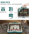 Badass 508 Piece Rotary Tool Accessories Kit Featuring Hella Tough Carbide Bits Ceramic Discs Grinding Wheels Mandrels portable lightweight case with assorted rotary tool bits.