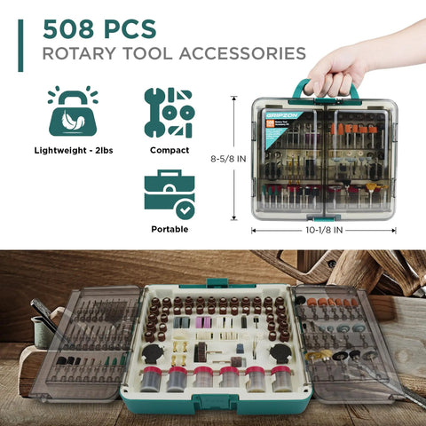 Badass 508 Piece Rotary Tool Accessories Kit Featuring Hella Tough Carbide Bits Ceramic Discs Grinding Wheels Mandrels portable lightweight case with assorted rotary tool bits.