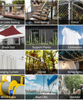 Collage of uses for stainless steel cable, including deck railing, staircase, fence, shade sail, and more outdoor applications.