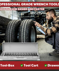 Mechanic working on tires next to a tool box containing a 40 Piece Modular Wrench Organizer Set For Drawer Storage With Metric And SAE Labels.