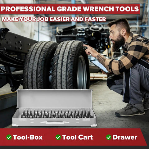 Mechanic working on tires next to a tool box containing a 40 Piece Modular Wrench Organizer Set For Drawer Storage With Metric And SAE Labels.