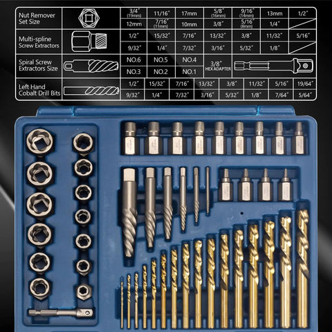 49 Piece Bolt And Screw Extractor Set With Left Hand Drill Bits, Multi-Spline And Spiral Removers for rusted nuts in a blue case