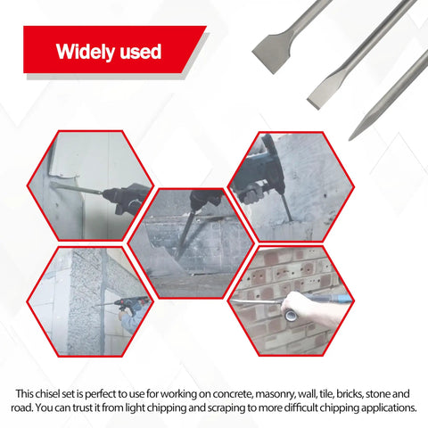 Chisel And Point Bit Set For SDS Plus Rotary Hammers Demo Ready Tough As Nails Concrete And Tile Kit Three Piece in use on bricks and tiles
