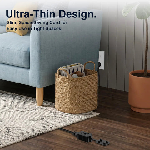 No Hassle Ultra Flat Extension Cord 4 Feet Packs 3 Polarized Outlets and Right Angle Plug Plays Nice in Tight Spots Low Profile Power Strip under couch