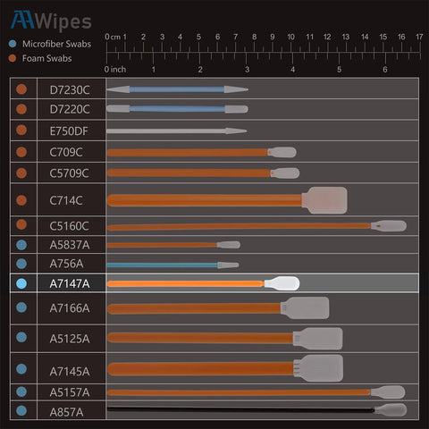 Top Tier One Hundred Count Four Inch Cleaning Swabs In Orange Knitted Polyester Heads Straight Up Clean For Camera Optics And Delicate Gear No Fuss Precision Wipes That Get The Job Done Smooth Quick size comparison chart with various swab types.