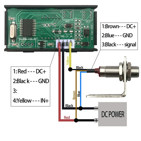 Wiring diagram for Go To RPM Tachometer Display Kit For Lathe And Conveyor Systems with circuit board and DC power connections