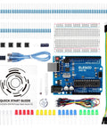 Rad Uno R3 Compatible Electronics Kit For Arduino IDE Beginners includes breadboard, jumper wires, LEDs, resistors, and manual.