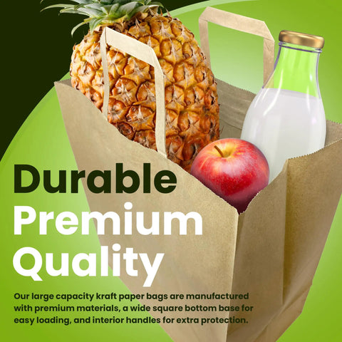 Heavy Duty Kraft Paper Grocery Bags With Handles Pack Of 100 Bulk 12 x 7 x 14 Inches Large Brown Shopping Bag with groceries