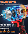 Close-up of Three-In-One Cordless Impact Wrench, Driver And Drill Kit showing brushless motor mechanism and torque ratings