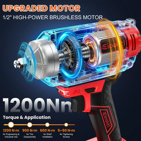 Close-up of Three-In-One Cordless Impact Wrench, Driver And Drill Kit showing brushless motor mechanism and torque ratings