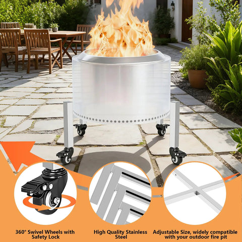 Universal 15-27 Inch Fire Pit Stand With Wheels Stainless Steel Adjustable Retractable Base for patio, shown with fire pit