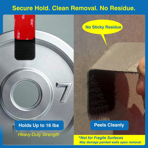 Split view: heavy-duty hook-and-loop strips (8-set, 1.2x3.2 in) installed on metal; shows clean, residue-free removal.