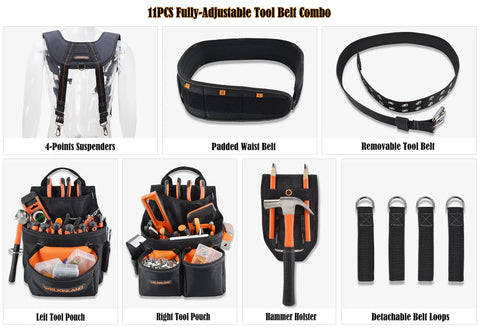 Carpenter Tool Belt With Suspenders 39 Pockets Padded 4 Inch Belt Kit, 10 In 1 Set With Hammer Holster, Nail Bags, Belt Loops