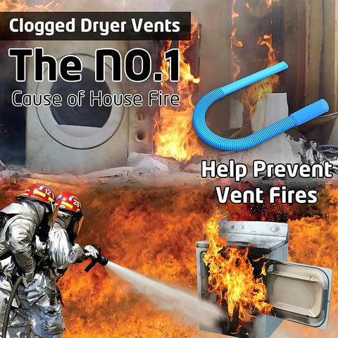 Firefighters extinguishing dryer fire with text promoting All In One Dryer Vent Cleaner Kit With Vacuum Hose, Brush And Gloves Universal Fit