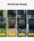 Close-up of utility wagon wheels on grass, dirt, gravel, and puddles; Beast Of A Utility Wagon With 133Wh Battery Up To 440 Lbs Load