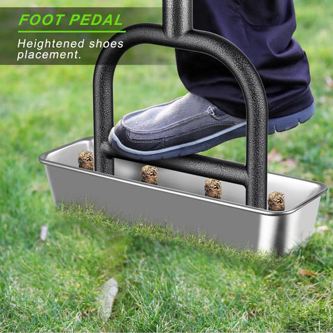Manual Lawn Aerator With Four Stainless Steel Core Plugs And Soil Core Storage Tray in use on grass turf