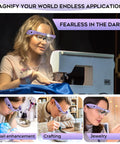 Woman wearing Rechargeable LED Lighted Magnifying Glass Headset With 1.5x to 5.0x Zoom and 4 Detachable Lenses working on crafts.