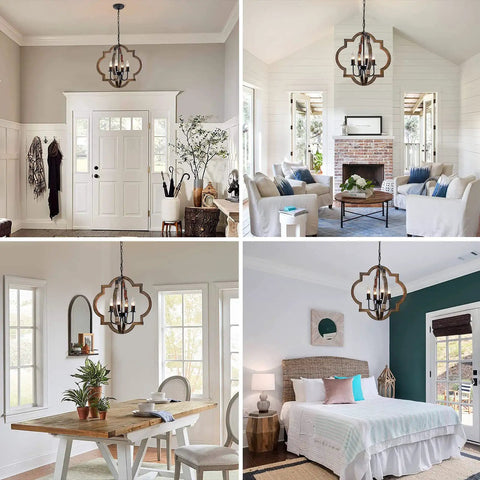 Farmhouse Wood Orb Chandelier with Four Lights in foyer, living room, dining area, and bedroom setting