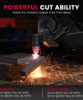 Dual Voltage 110 To 220V Pilot Arc Plasma Cutter Beast Mode cutting metal with sparks, showcasing power and precision.