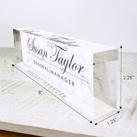 Personalized Desk Name Plate With White Marble Look On Clear Acrylic, Custom Name And Title, dimensions 8x2.25x1.25 inches
