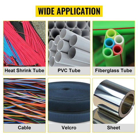 Wide application of YS 100 Auto Heat Shrink Tube Cold Cutting Machine with 350W power including heat shrink tube, PVC tube, and cable.