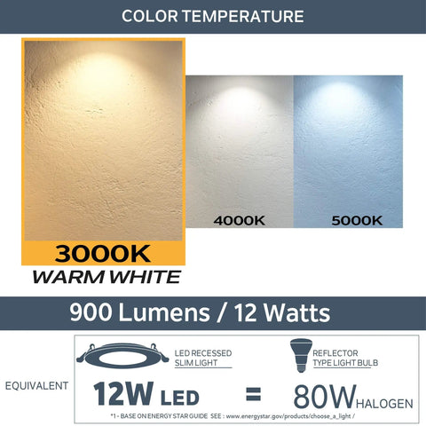Ultra Slim 4 Inch LED Recessed Lights Kit 6 Pack IC Rated Dimmable 12W Equals 80W 900 Lumens 3000K warm white color comparison
