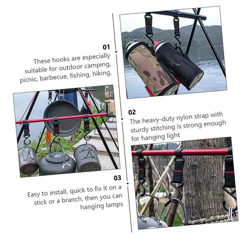 Five Piece Large Outdoor Camping Hook Set, S Shaped Movable Strap Hooks for Quick Hanging equipment on a stand outdoors