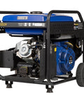 10000 Peak Watt Portable Gas Generator With Remote Electric Start And Transfer Switch Ready Build For No Sweat Camping And Reliable Home Emergency Backup Power Featuring 12 Hour Run Time, side view showing engine and wheels.