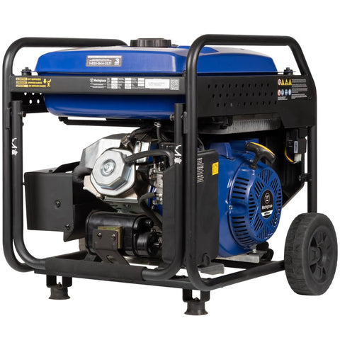 10000 Peak Watt Portable Gas Generator With Remote Electric Start And Transfer Switch Ready Build For No Sweat Camping And Reliable Home Emergency Backup Power Featuring 12 Hour Run Time, side view showing engine and wheels.