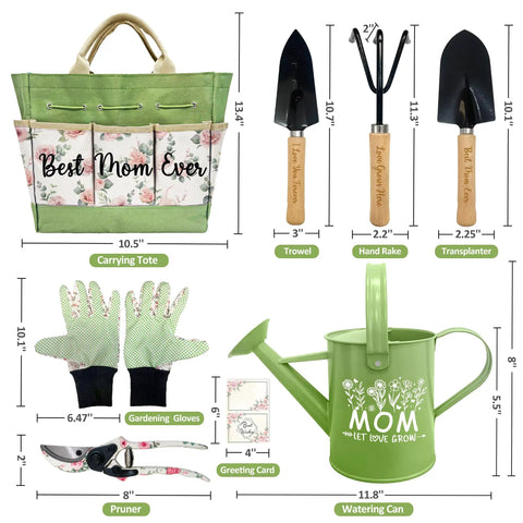 Best Mom Gift Set For Mothers Day From Daughters Floral Garden Tool Kit With Watering Can Hand Rake Trowel Durable Tote