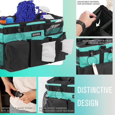 Wearable Cleaning Caddy Organizer With Handle And Adjustable Straps, large tool carrier with dividers, shown in lake blue.