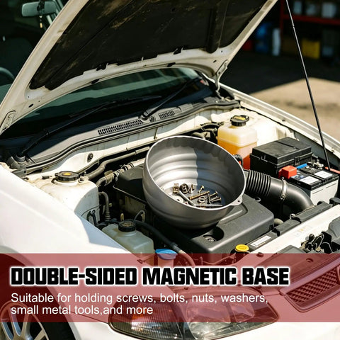 Magnetic Nut Cup Set With Telescoping Magnetic Pickup Tool And Two 6 Inch Magnetic Bowls In Red And Gray For Easy Part Sorting, Quick Identification, And Hassle Free Retrieval In Garage Or Workshop. Gray 6 inch magnetic bowl with screws in an engine bay