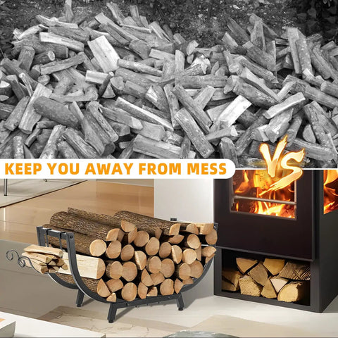 30-Inch Curved Firewood Rack, Heavy-Duty Steel Log Holder in front of fireplace, compared to scattered firewood pile