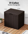 Front view of Weatherproof 31 Gallon Deck Box With Lockable Lid For Outdoor Patio Garden And Backyard Storage in brown resin