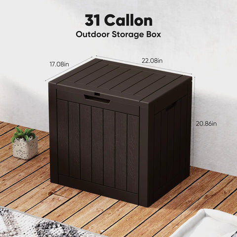 Front view of Weatherproof 31 Gallon Deck Box With Lockable Lid For Outdoor Patio Garden And Backyard Storage in brown resin
