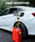 SMART JERRY side view battery-powered fuel transfer pump with yellow hose feeding car fuel filler from red gas can