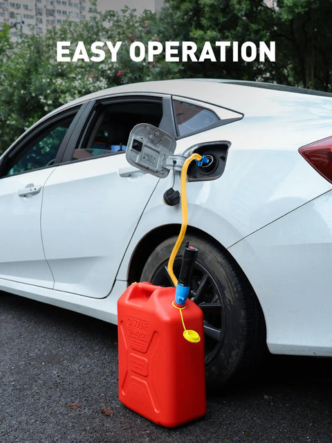 Cordless Fuel Transfer Pump For On The Go Use, Electric Gas Transfer Pump filling car from red fuel can, outdoor use